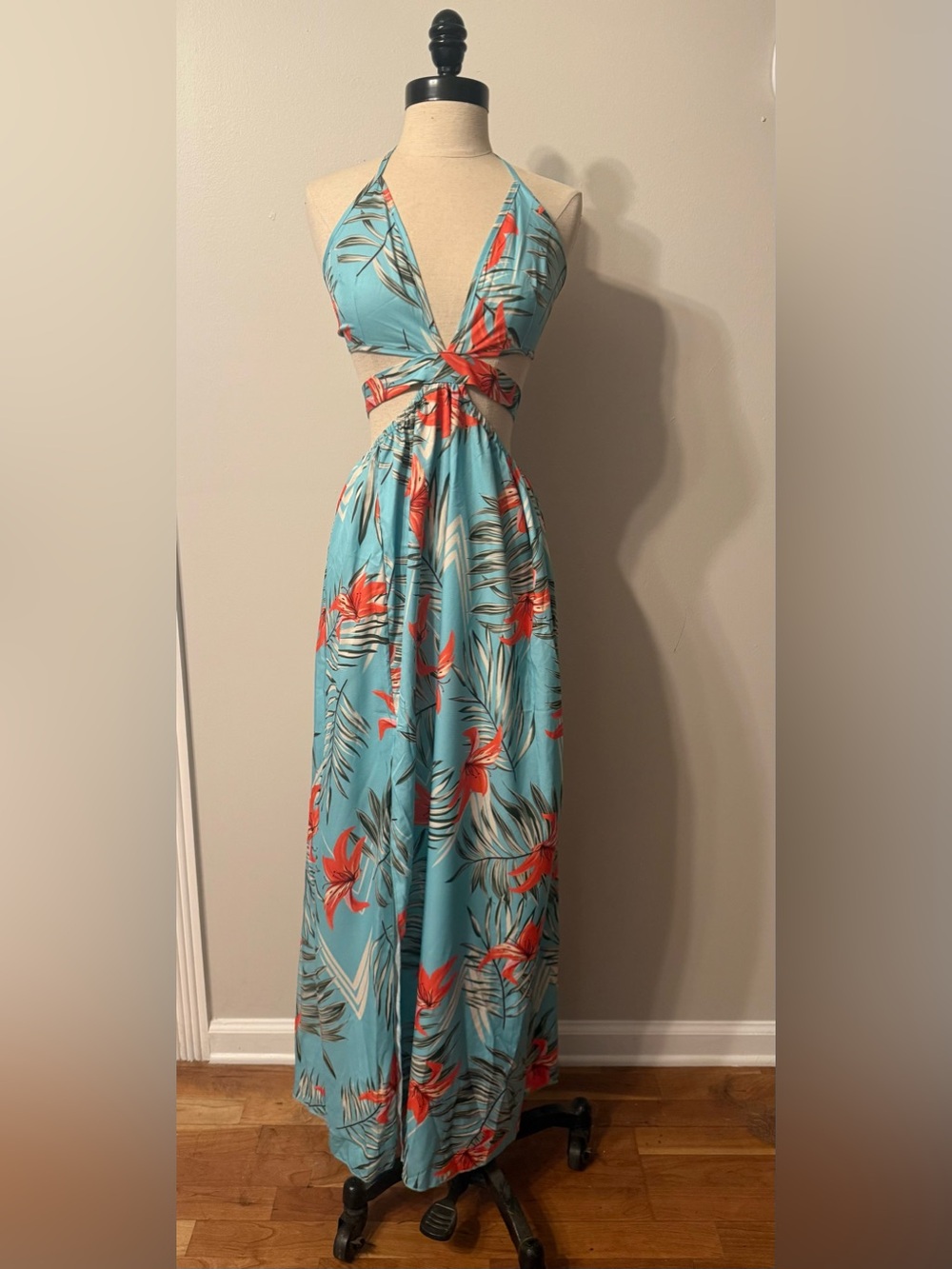 Tropical Halter Maxi Dress in Aqua with Coral Floral Print